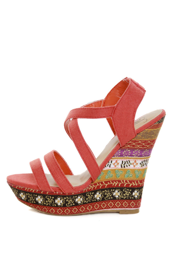 My Delicious Bruno Dark Salmon Floral Striped Platform Wedges