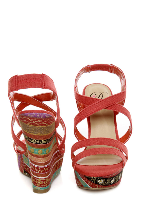 My Delicious Bruno Dark Salmon Floral Striped Platform Wedges