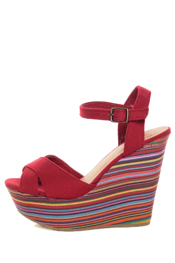 My Delicious Calmia Dark Red Cotton Striped Platform Wedges
