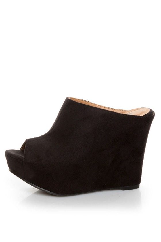 My Delicious Cubic Black Peep Toe Mule Wedges