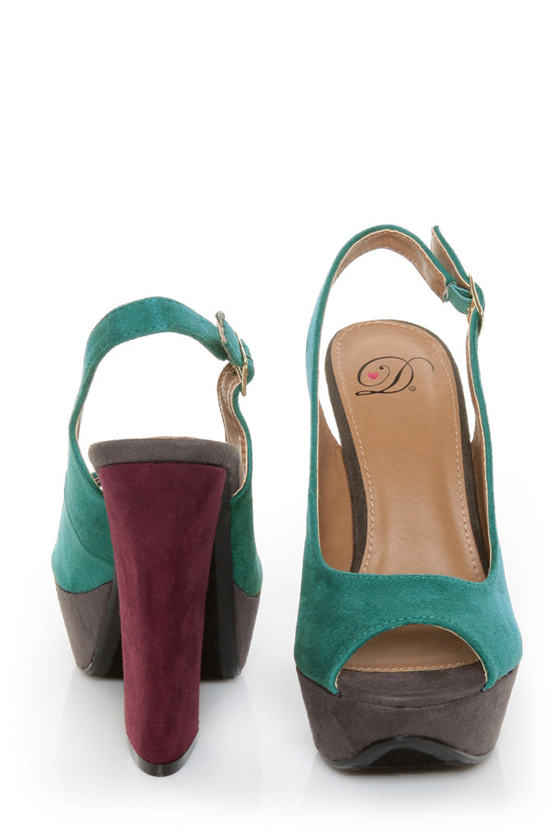 My Delicious Fausta Dark Teal Color Block Slingback Heels