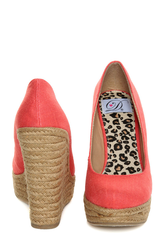 My Delicious Glow Coral Linen Espadrille Wedges