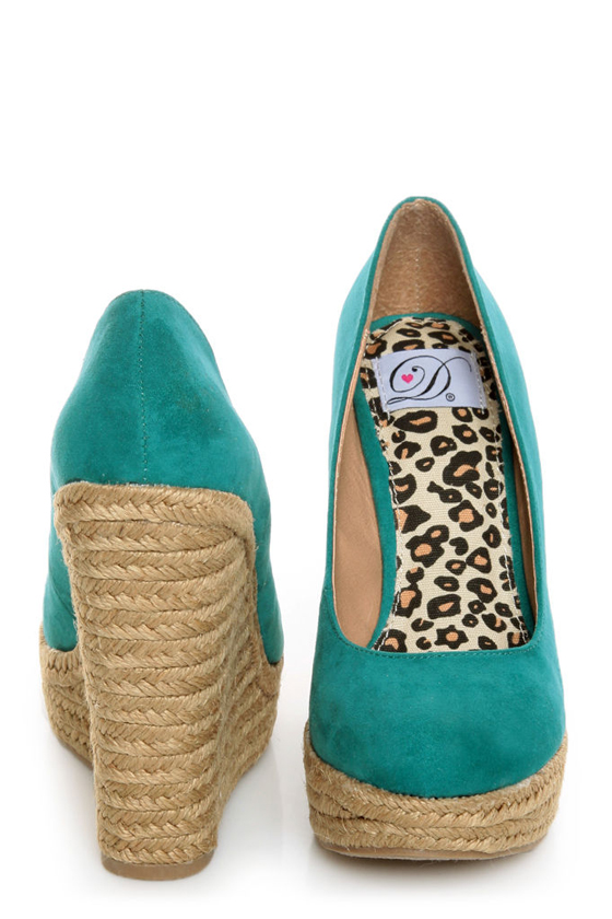 My Delicious Glow Dark Teal Suede Espadrille Wedges