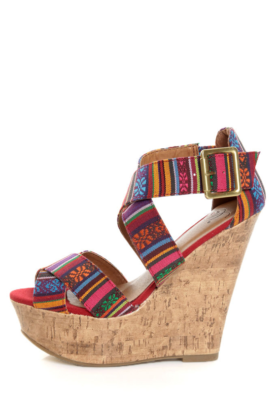 My Delicious Hall Red Multi Guatemala Print Platform Wedges