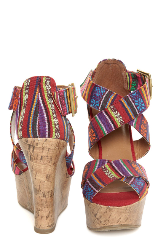 My Delicious Hall Red Multi Guatemala Print Platform Wedges