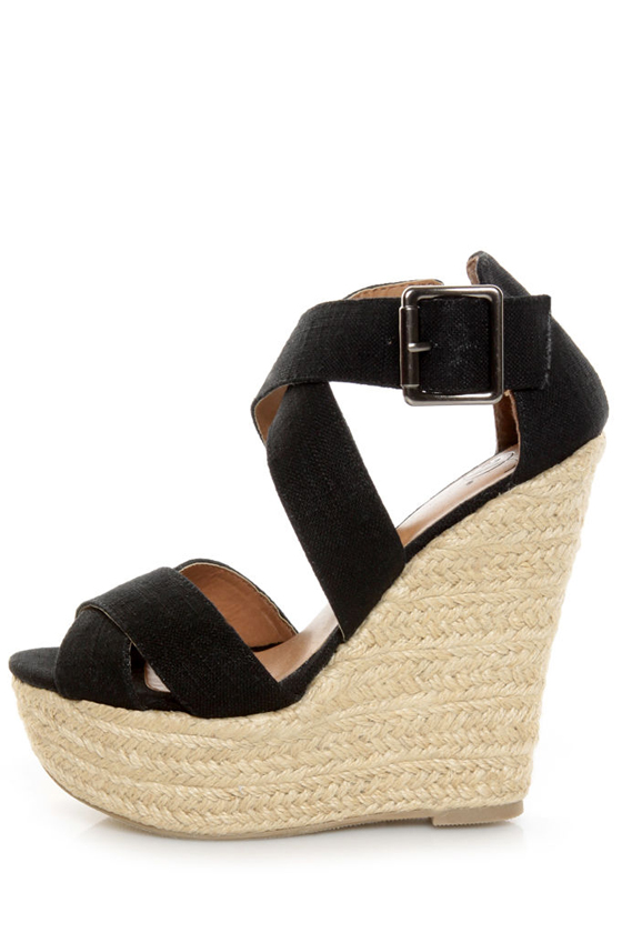 My Delicious Hall Black Linen Platform Wedges