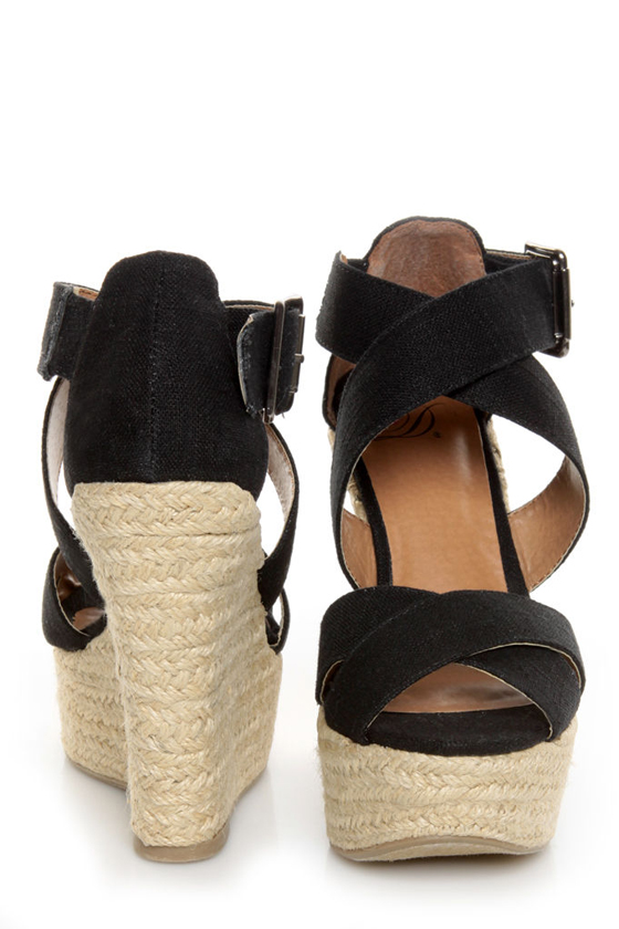 My Delicious Hall Black Linen Platform Wedges