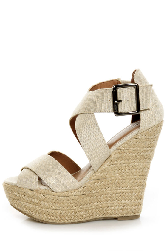 My Delicious Hall Natural Linen Platform Wedges