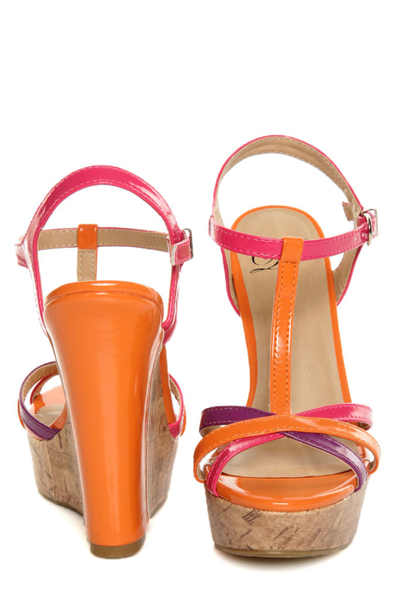 My Delicious Usha Orange Multi Patent T-Strap Platform Wedges