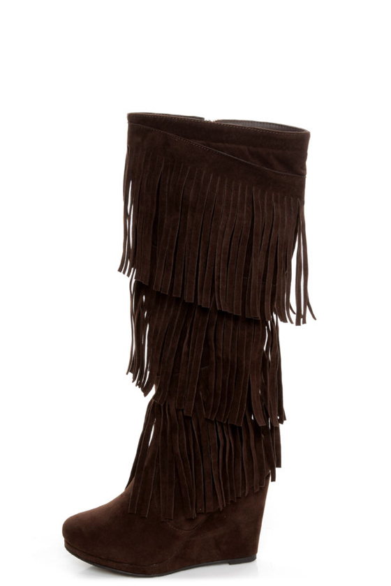 Madden Girl Frolicck Brown Fringe Knee High Wedge Boots