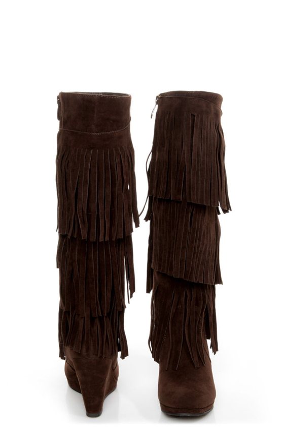 Madden Girl Frolicck Brown Fringe Knee High Wedge Boots