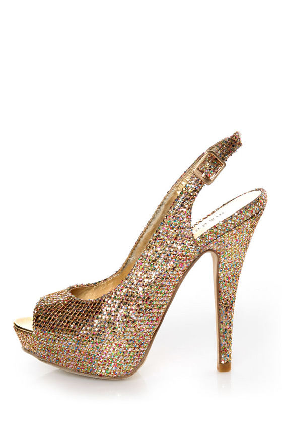 gold glitter peep toe heels