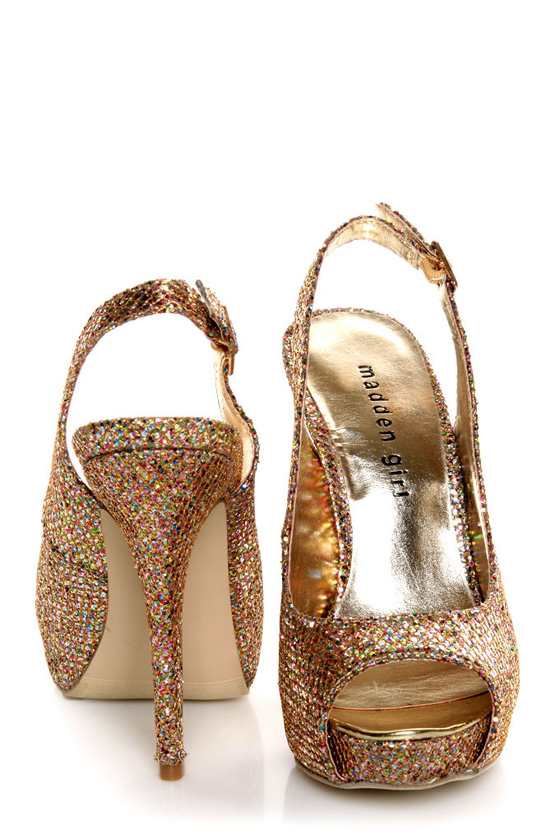 Madden Girl Jassperr Gold Multi Glitter Peep Toe Party Pumps