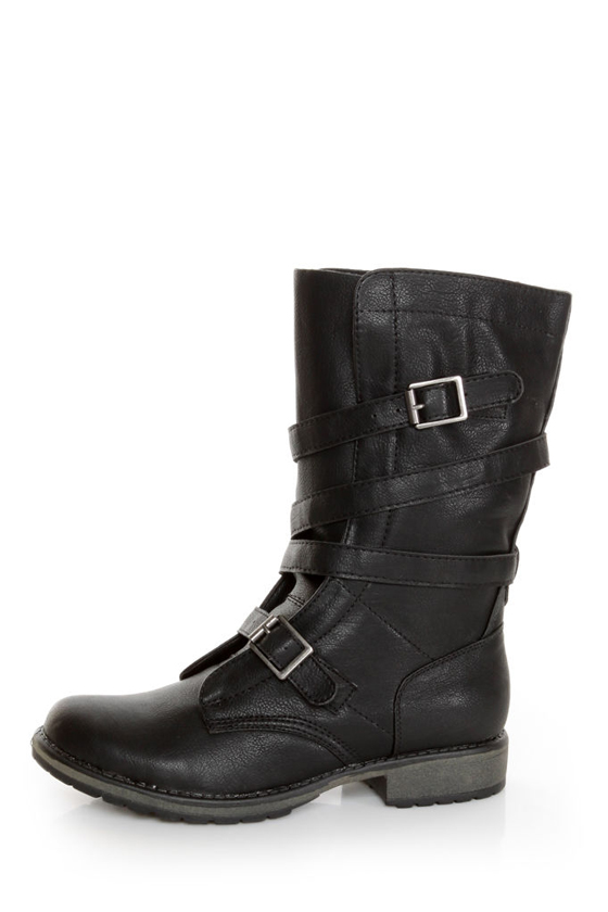 Madden Girl Raszcal Black Slouchy Belted Combat Boots