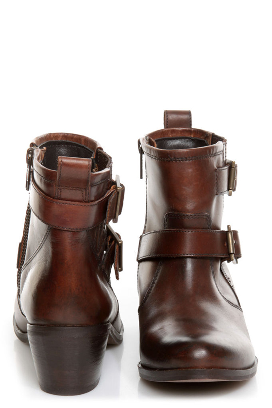 Mia Roam Cognac Brown Leather Motorcycle Ankle Boots