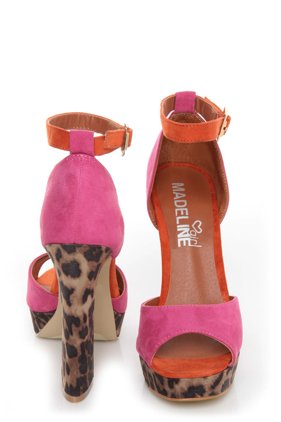 Madeline Girl Teddy Fuchsia & Leopard Print Color Block Heels
