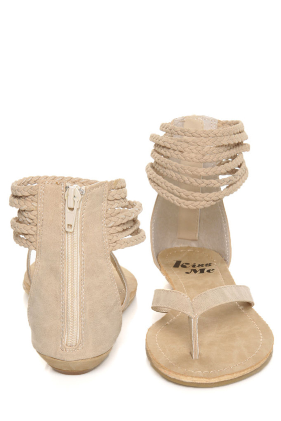 Miss Me Leon 11 Cream Braided Ankle Wrap Thong Sandals