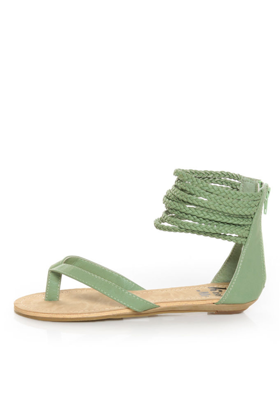 Miss Me Leon 11 Mint Green Braided Ankle Wrap Thong Sandals