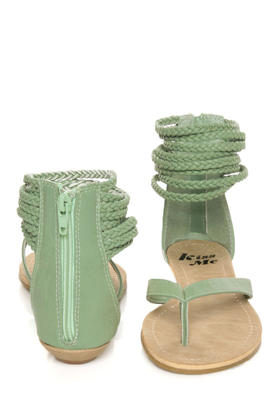 Miss Me Leon 11 Mint Green Braided Ankle Wrap Thong Sandals