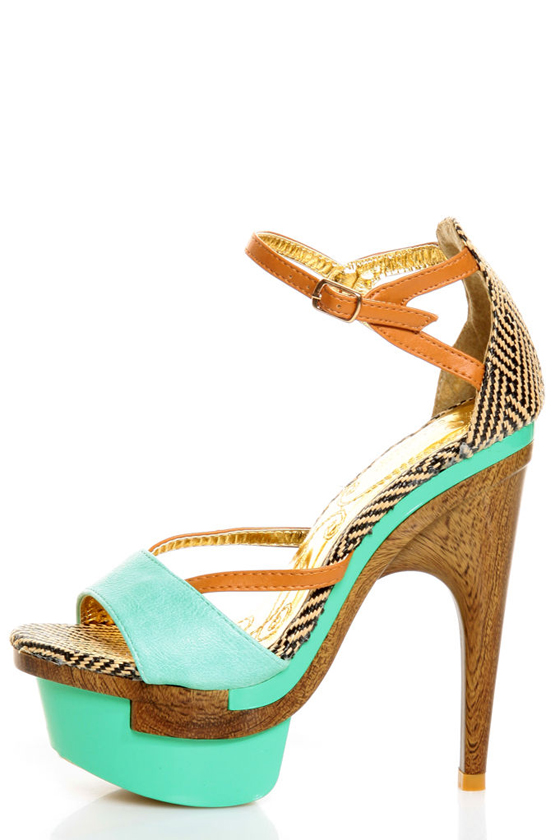 Mona Mia Mayo Mint Tribal Patterned Sculpted Platform Heels