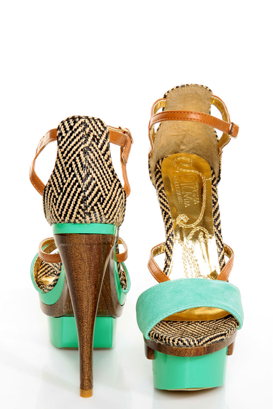 Mona Mia Mayo Mint Tribal Patterned Sculpted Platform Heels