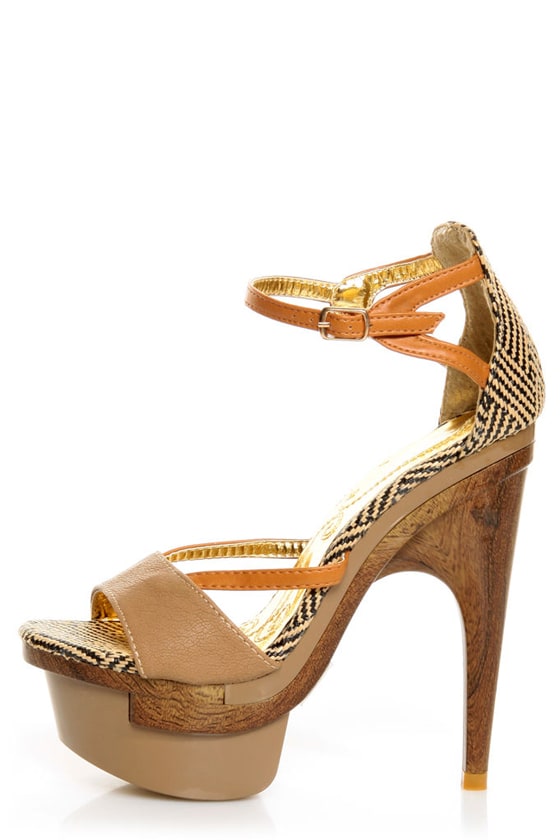 Mona Mia Mayo Taupe Tribal Patterned Sculpted Platform Heels