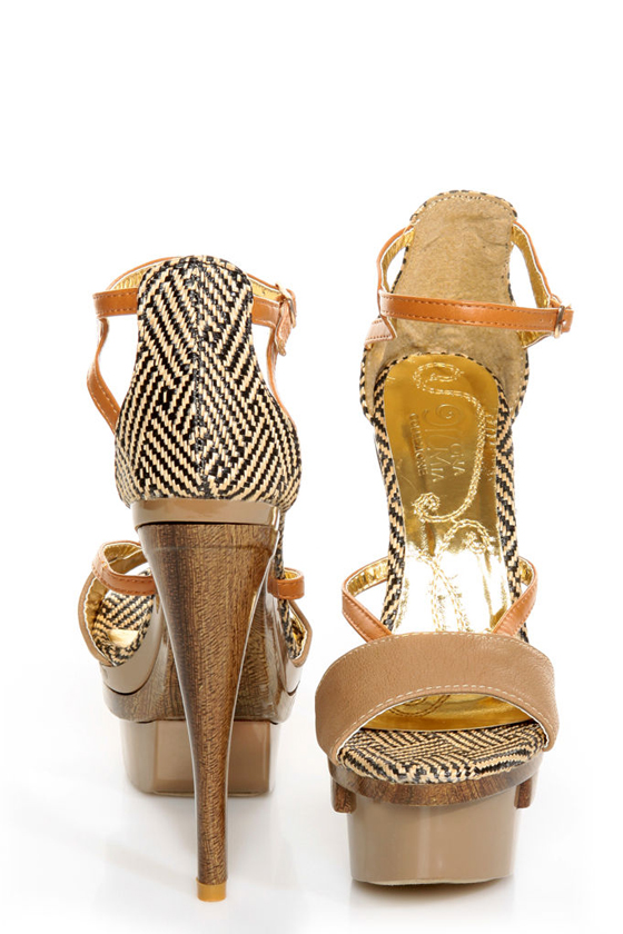 Mona Mia Mayo Taupe Tribal Patterned Sculpted Platform Heels