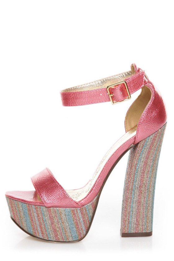 Mona Mia Salud Pink Metallic Glitter Stripe Platform Heels