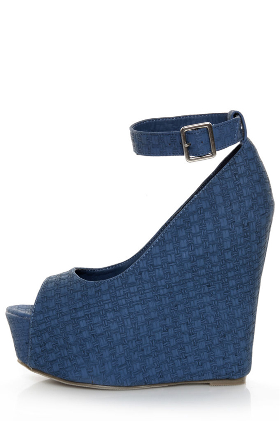 Mona Mia Yurian Blue Textured Peep Toe Platform Wedges
