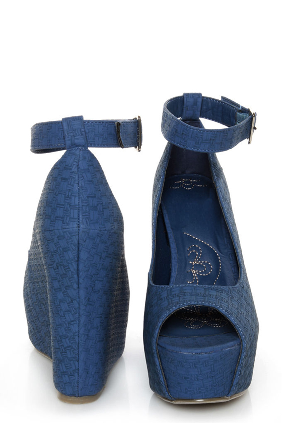 Mona Mia Yurian Blue Textured Peep Toe Platform Wedges