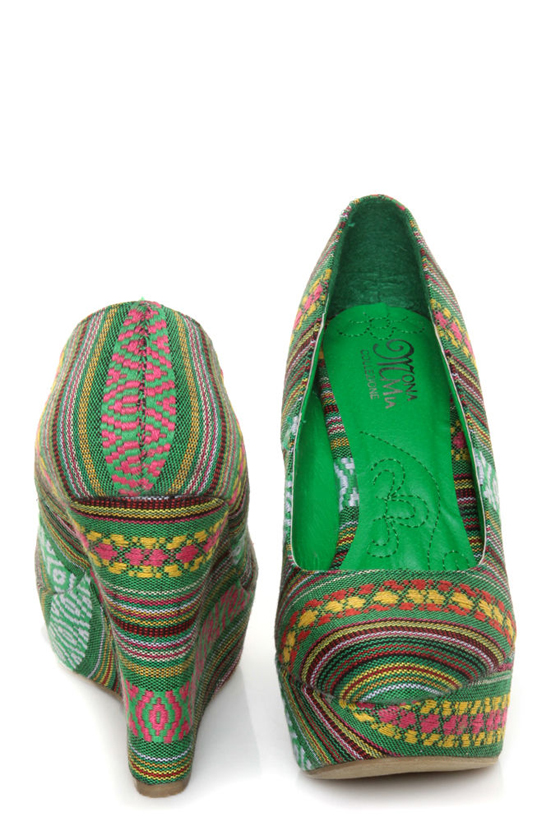 Mona Mia Inspiracion Green Multi Fabric Platform Wedges