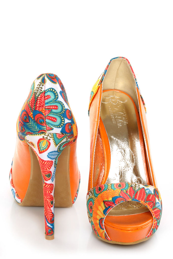 Mona Mia Leocadia Orange & Peacock Print Peep Toe Pumps