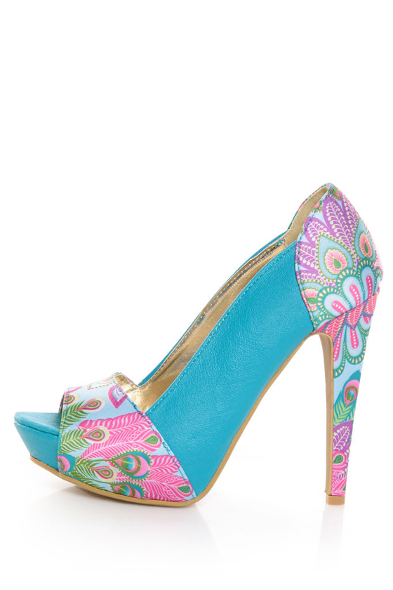Mona Mia Leocadia Turquoise & Peacock Print Peep Toe Pumps