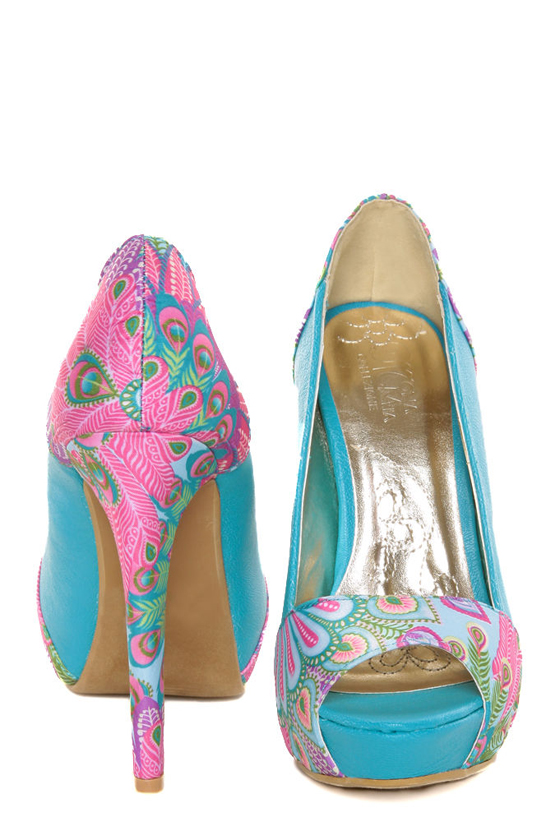Mona Mia Leocadia Turquoise & Peacock Print Peep Toe Pumps