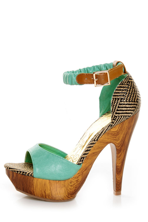 Mona Mia Trinidad Mint, Black & Tan Woven Platform Heels