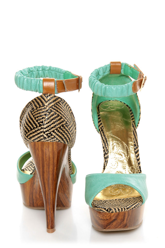 Mona Mia Trinidad Mint, Black & Tan Woven Platform Heels