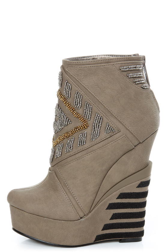 Michael Antonio Studio Cass Taupe Beaded Triple Wedge Booties
