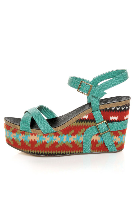 Michael Antonio Genoa Green Southwest Print Platform Sandals