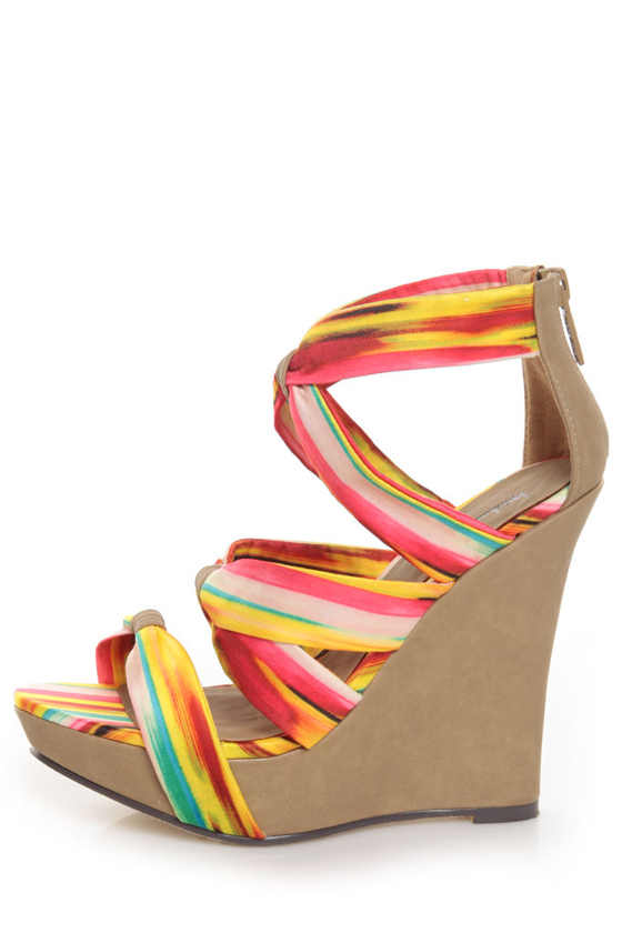 Michael Antonio Gheza Yellow Multi Print Strappy Wedges