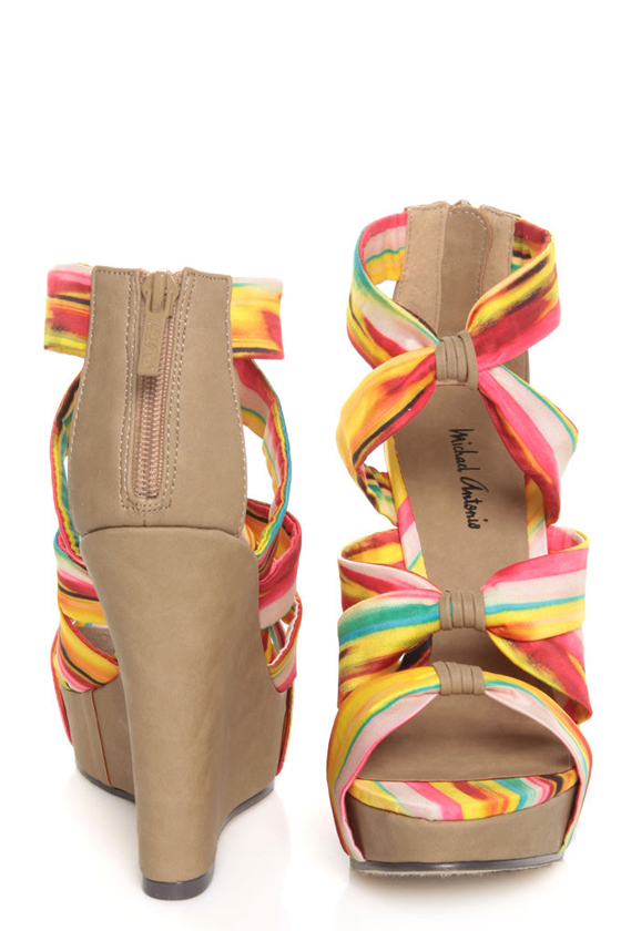 Michael Antonio Gheza Yellow Multi Print Strappy Wedges