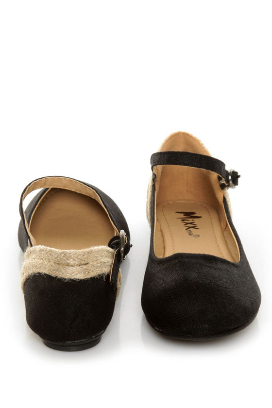Mixx Amy 61 Black Linen Ankle Strap Ballet Flats