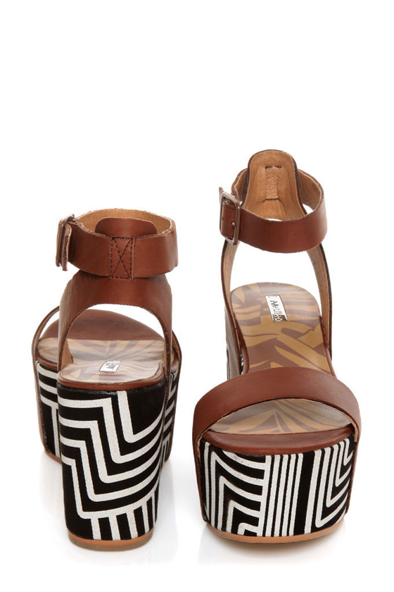 Matiko Lyon Brown with Black and White Print Flatform Sandals