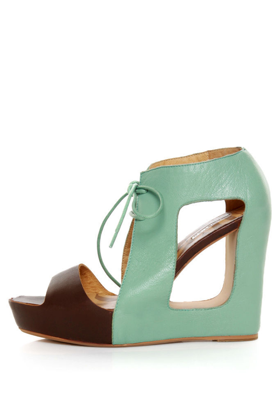 Matiko Paris Light Blue & Brown Lace-Up Cutout Wedges