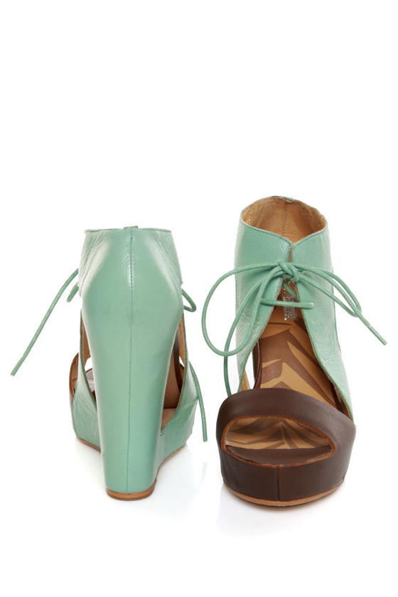 Matiko Paris Light Blue & Brown Lace-Up Cutout Wedges