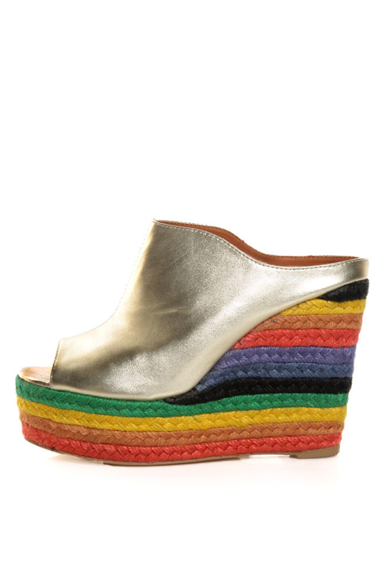 N.Y.L.A. Cobain Gold Rainbow Espadrille Mule Wedges