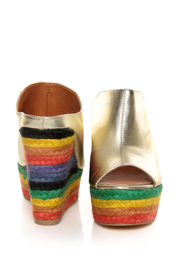 N.Y.L.A. Cobain Gold Rainbow Espadrille Mule Wedges