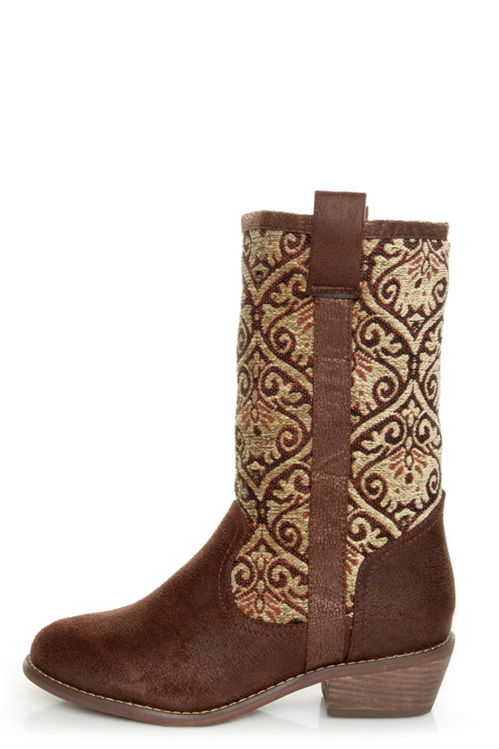 N.Y.L.A. Kylah Brown Tapestry Mid Calf Boots