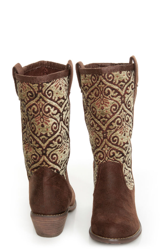 N.Y.L.A. Kylah Brown Tapestry Mid Calf Boots