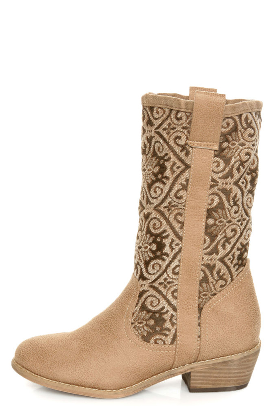 N.Y.L.A. Kylah Taupe Tapestry Mid Calf Boots