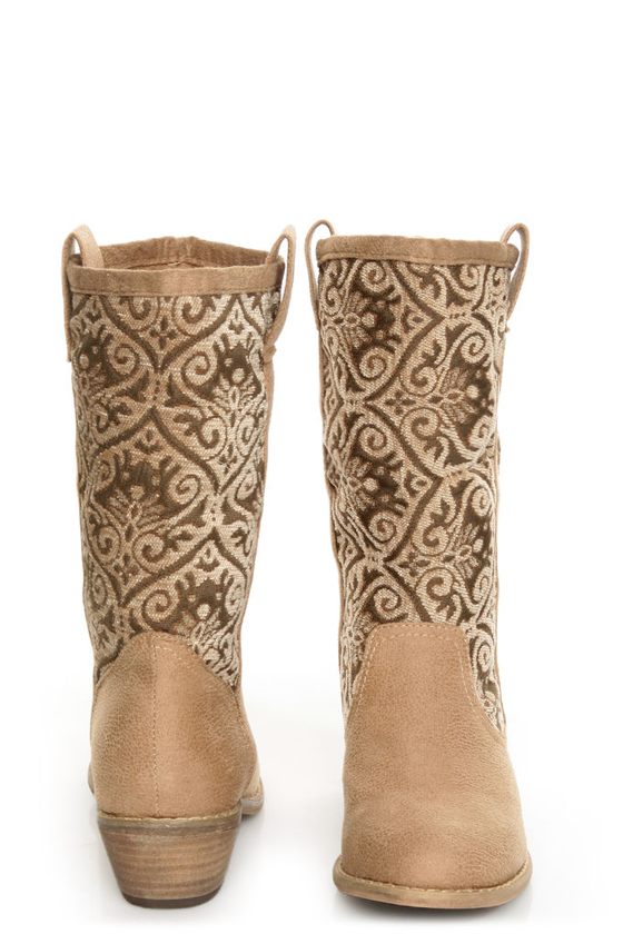 N.Y.L.A. Kylah Taupe Tapestry Mid Calf Boots